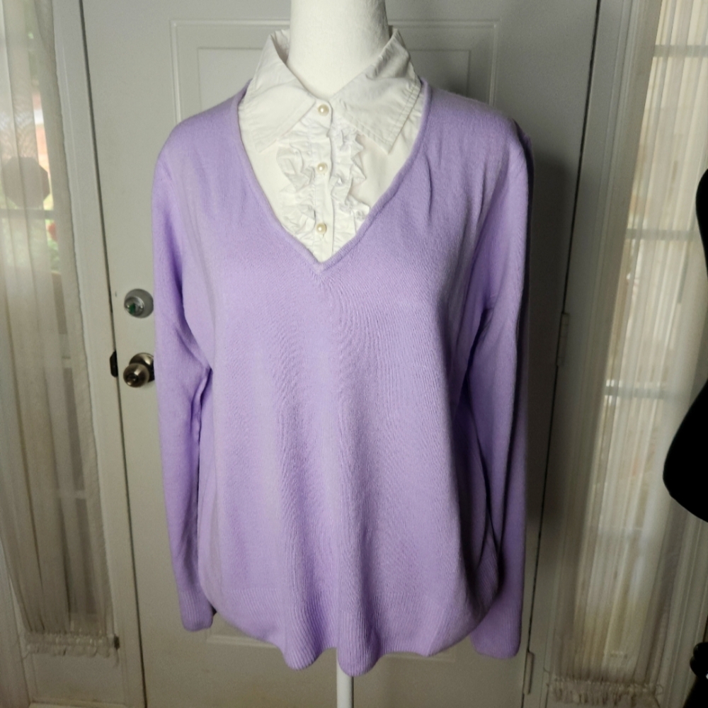 Vintage Carolyn Taylor Lavender Sweater w Attached Ruffle White Blouse Size XL